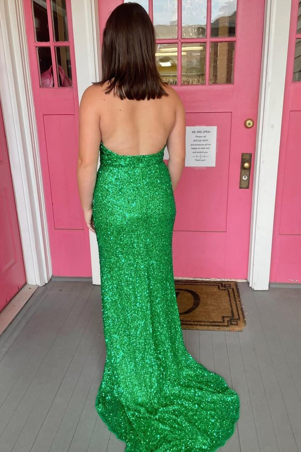 Sheath Deep V Neck Green Sequins Long Prom Dress with Split Front - View 2 | VelvetHem