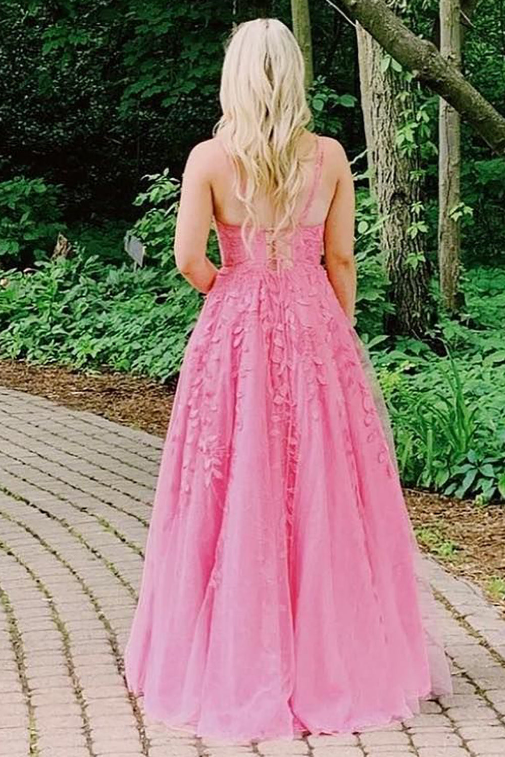 Gorgeous A Line Spaghetti Straps Pink Long Prom Dress with Appliques - View 2 | VelvetHem