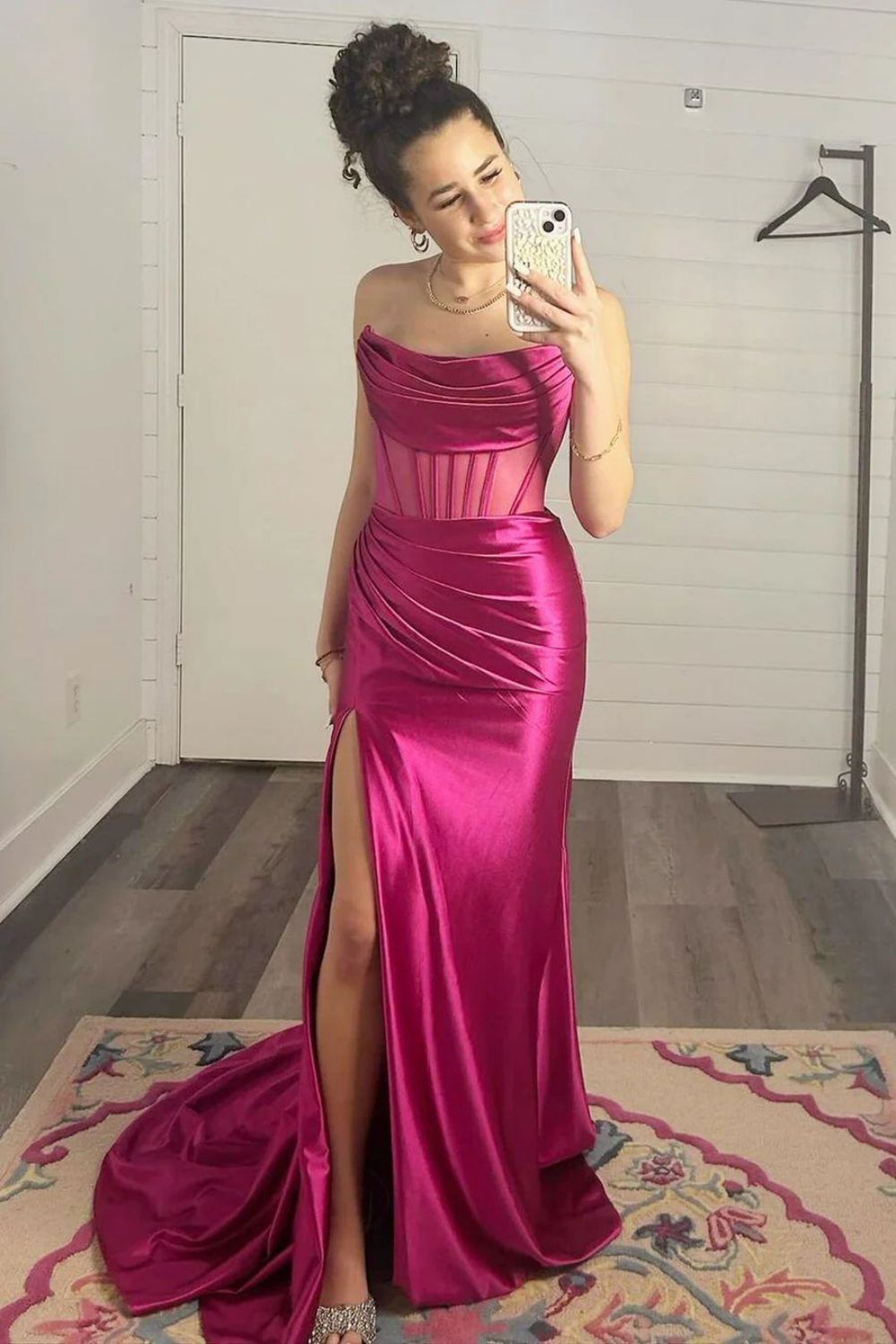 Satin Mermaid Strapless Backless Long Prom Dress With Split - View 5 | VelvetHem