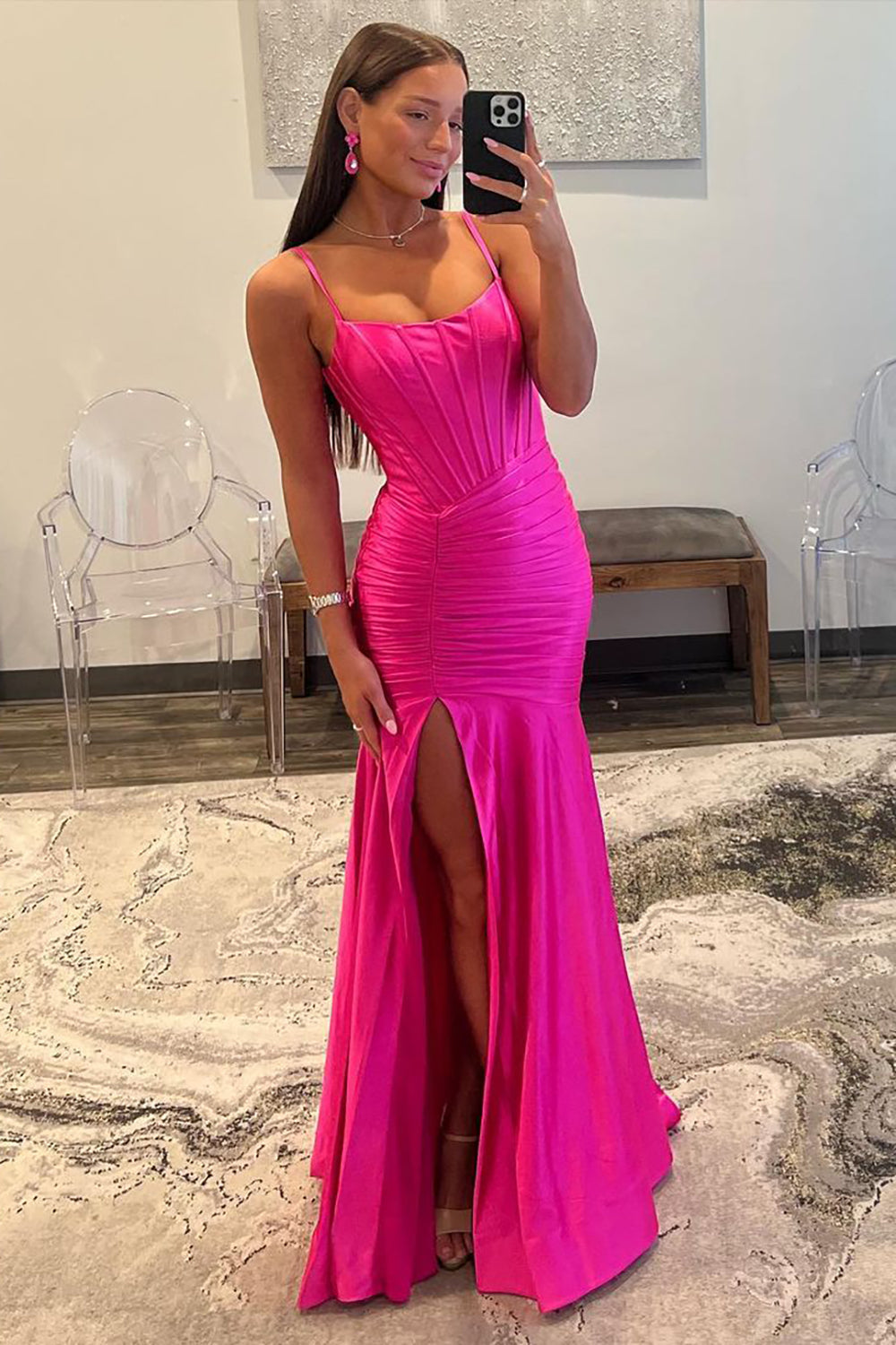 Hot Pink Spaghetti Straps Mermaid Long Satin Prom Dress with Slit - VelvetHem