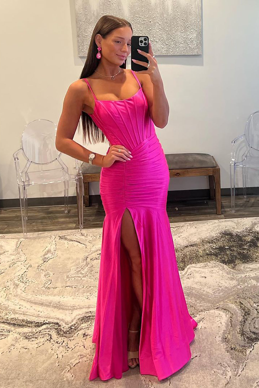 Hot Pink Spaghetti Straps Mermaid Long Satin Prom Dress with Slit - View 3 | VelvetHem