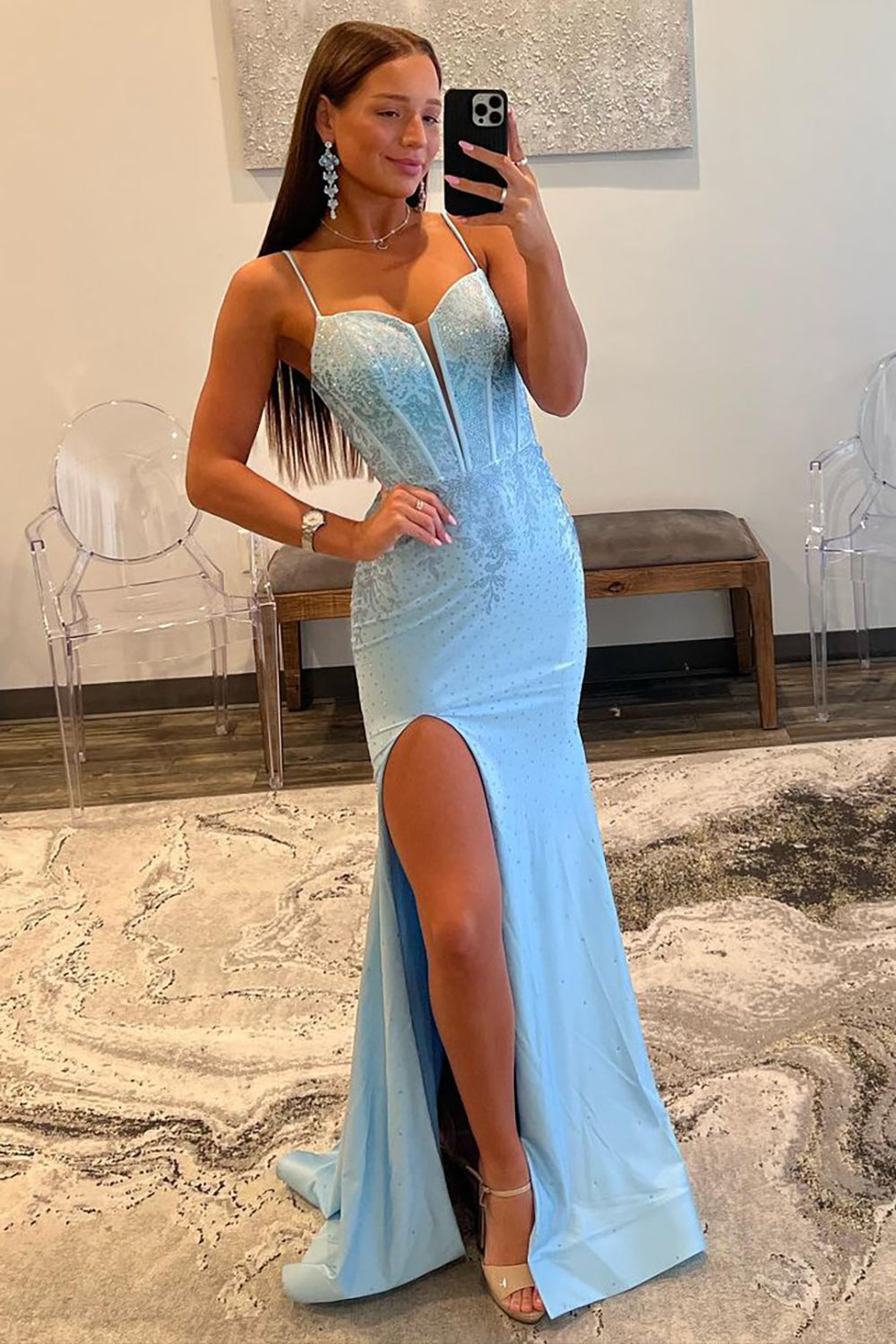 Glitter Light Blue Spaghetti Straps Mermaid Lace Up Long Prom Dress with Slit - VelvetHem