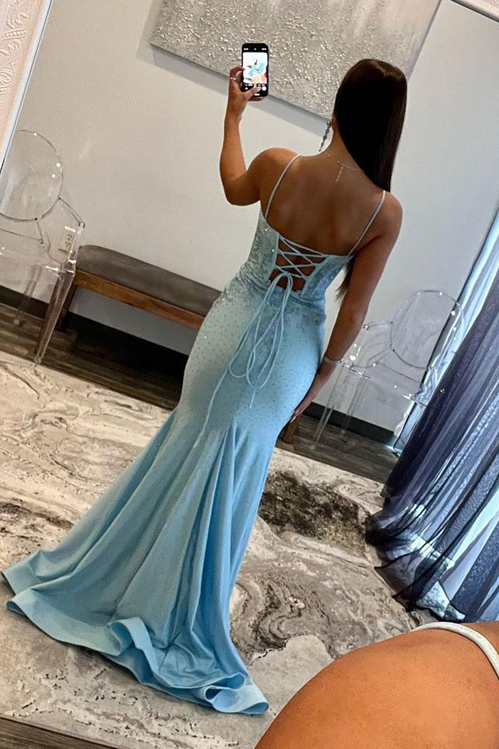 Glitter Light Blue Spaghetti Straps Mermaid Lace Up Long Prom Dress with Slit - View 2 | VelvetHem