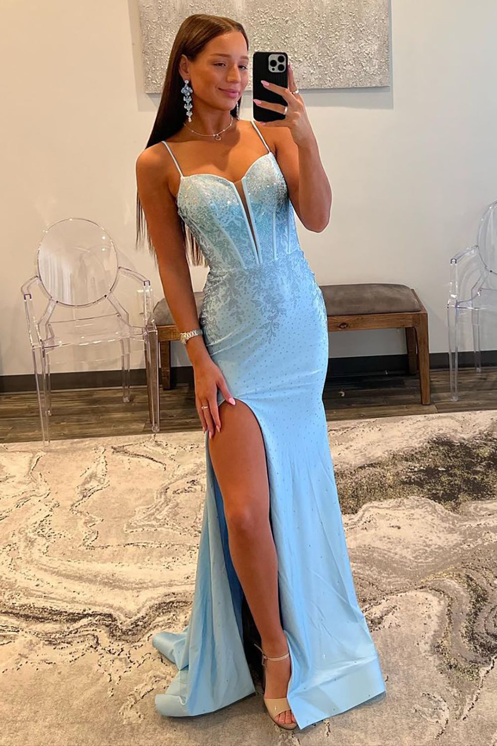 Glitter Light Blue Spaghetti Straps Mermaid Lace Up Long Prom Dress with Slit - View 3 | VelvetHem