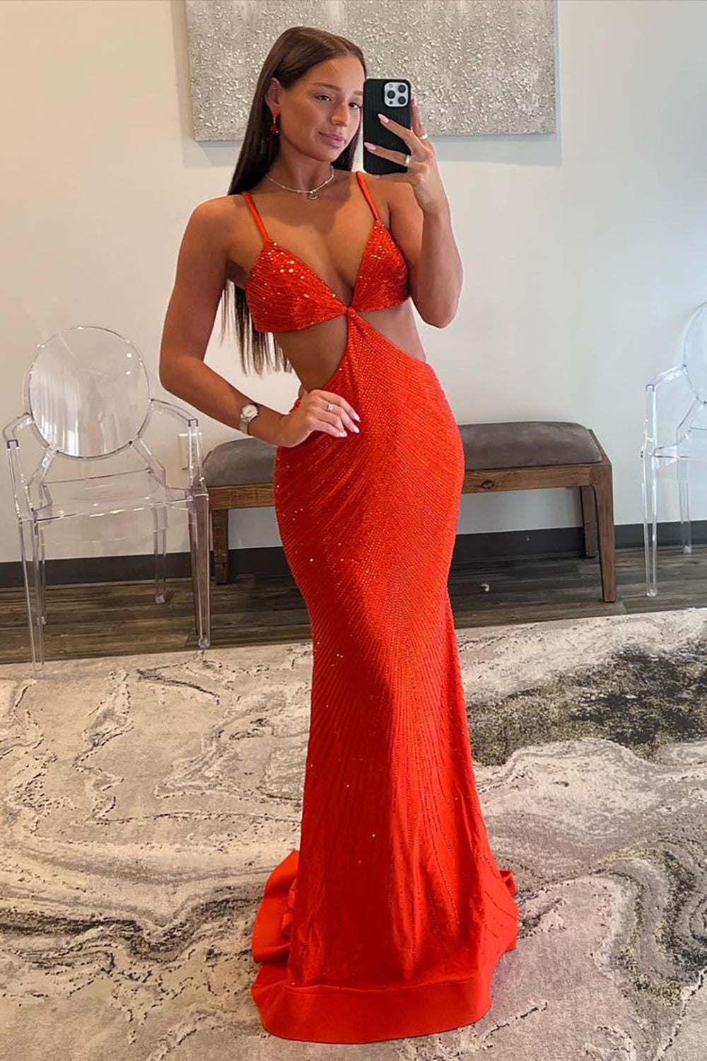 Stylish Orange Mermaid Spaghetti Straps Long Beaded Prom Dress - View 2 | VelvetHem