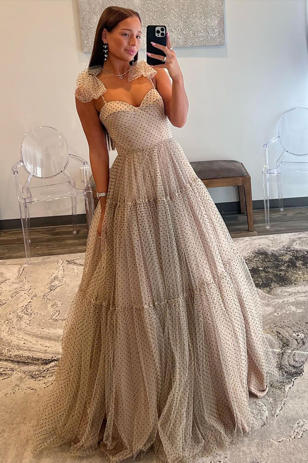 Stunning A-Line Tie Straps Zipper Back Long Tulle Prom Dress