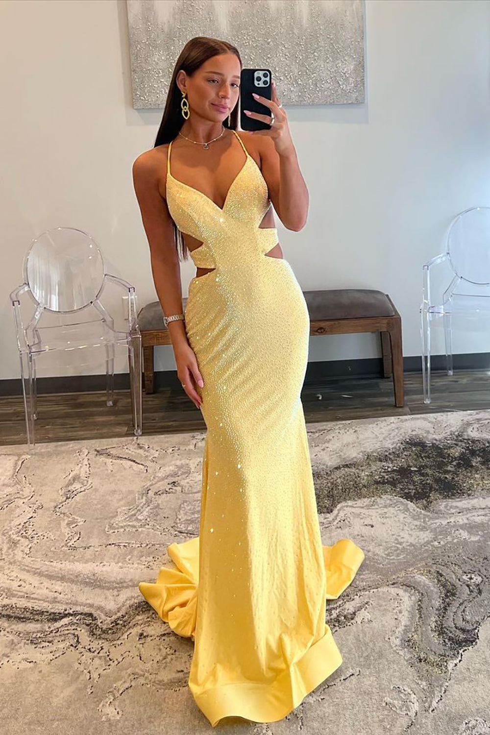Yellow Mermaid Cutout Waist Lace Up Corset Long Beaded Prom Dress - View 3 | VelvetHem