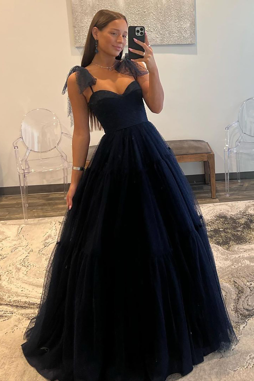 Dark Navy A-Line Tie Straps Zipper Back Long Tulle Prom Dress - View 3 | VelvetHem