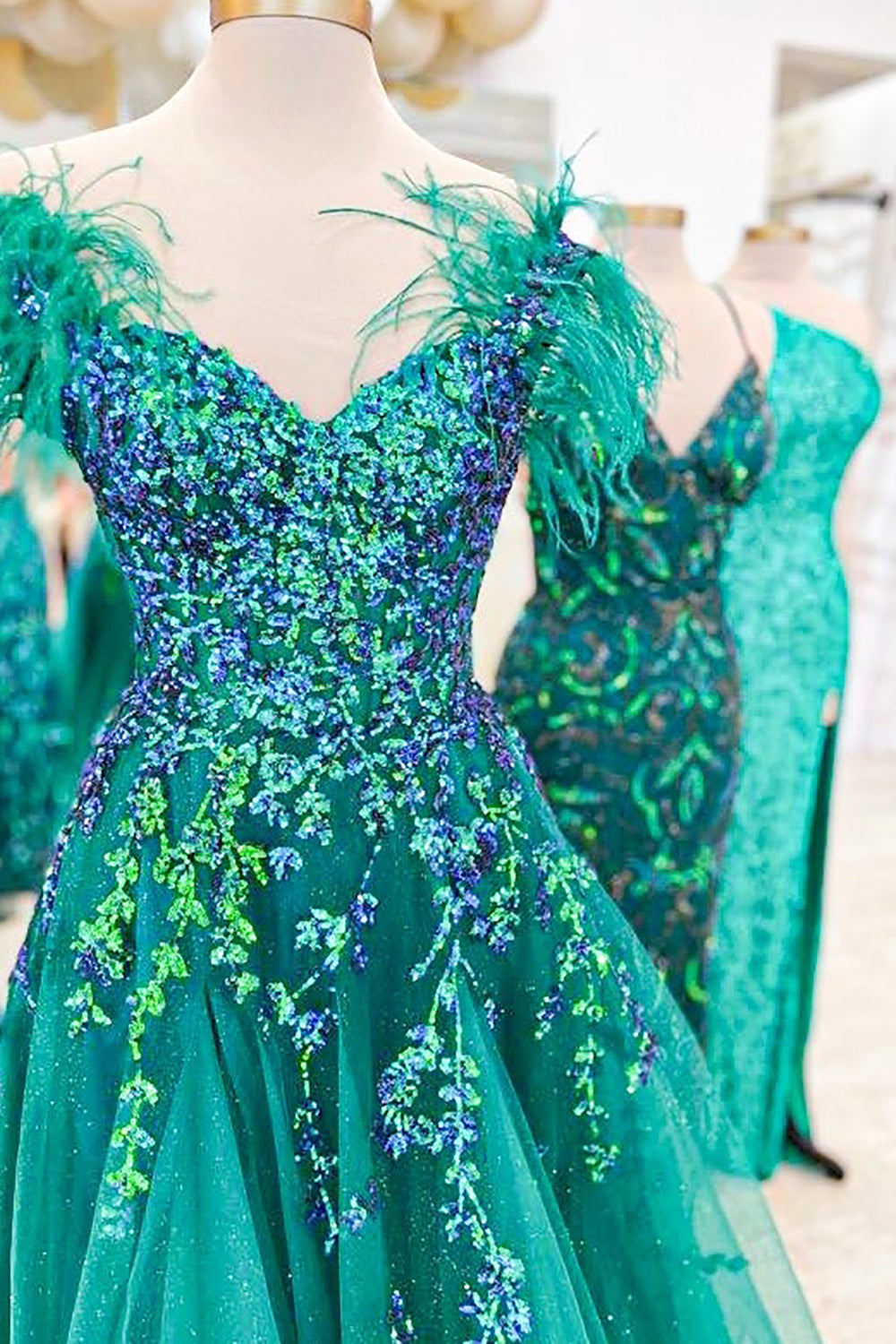 Princess A Line Off the Shoulder Green Long Prom Dress with Feather - View 3 | VelvetHem