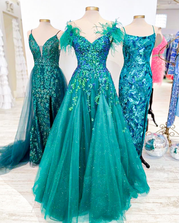 Princess A Line Off the Shoulder Green Long Prom Dress with Feather - View 2 | VelvetHem