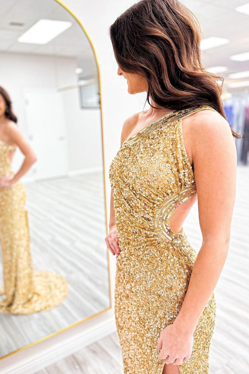 Sparkly Mermaid One Shoulder Golden Sequins Long Prom Dress with Keyhole - View 2 | VelvetHem