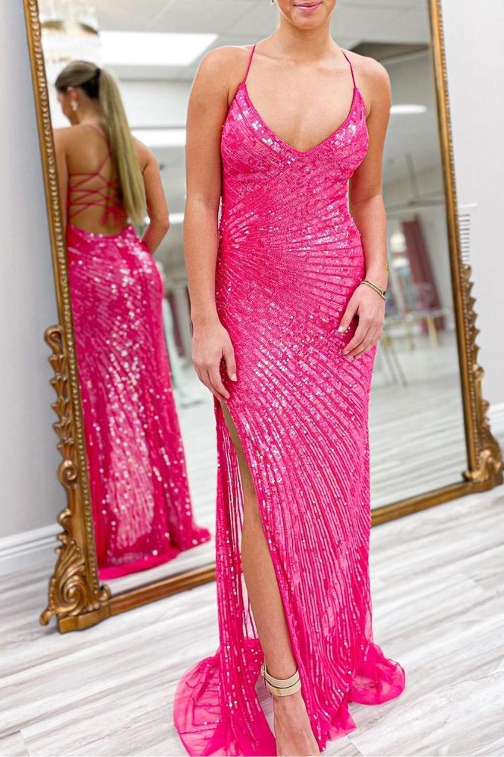 Sparkly Mermaid Spaghetti Straps Fuchsia Sequins Long Prom Dress with Criss Cross Back - VelvetHem