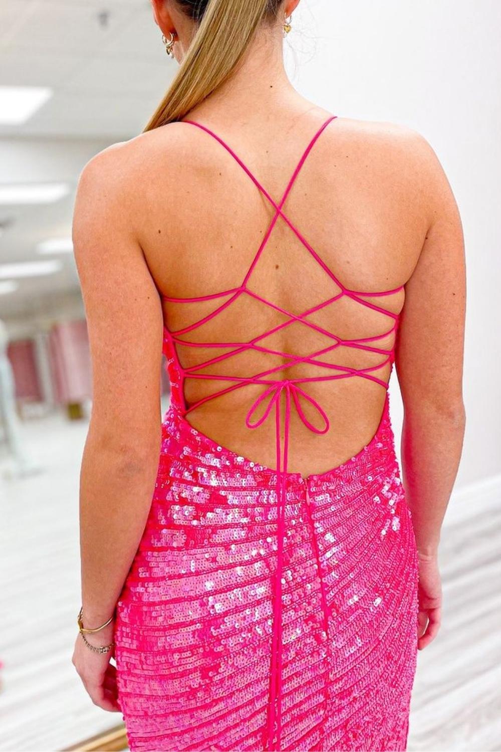 Sparkly Mermaid Spaghetti Straps Fuchsia Sequins Long Prom Dress with Criss Cross Back - View 2 | VelvetHem