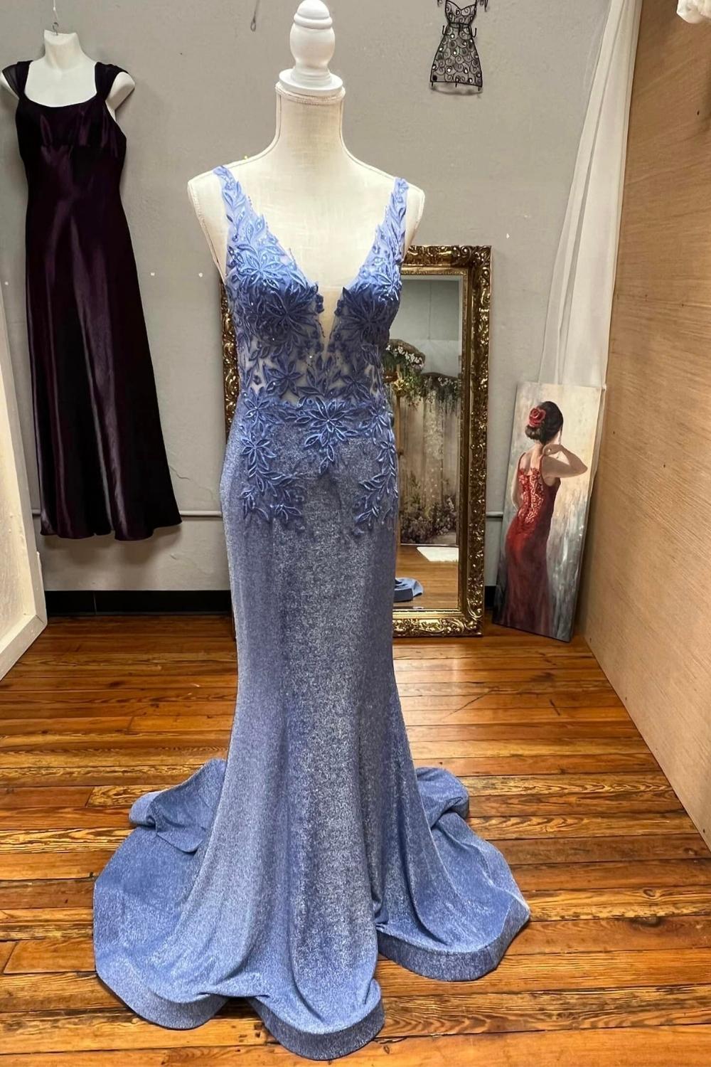Gorgeous Mermaid Deep V Neck Blue Long Prom Dress with Appliques - View 3 | VelvetHem