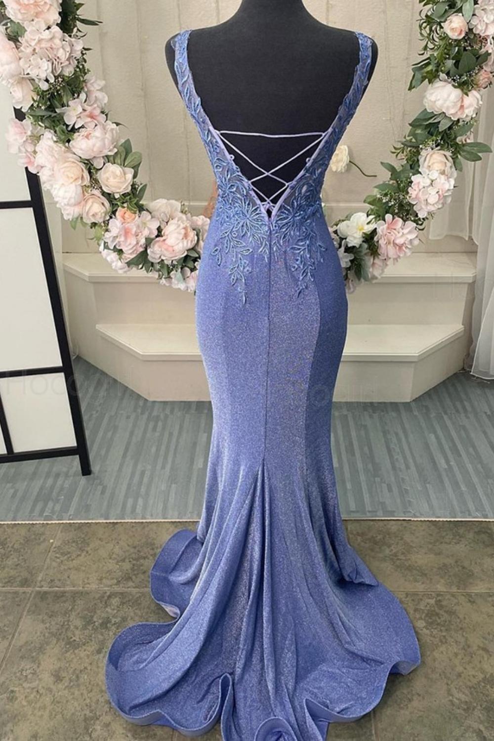 Gorgeous Mermaid Deep V Neck Blue Long Prom Dress with Appliques - View 2 | VelvetHem