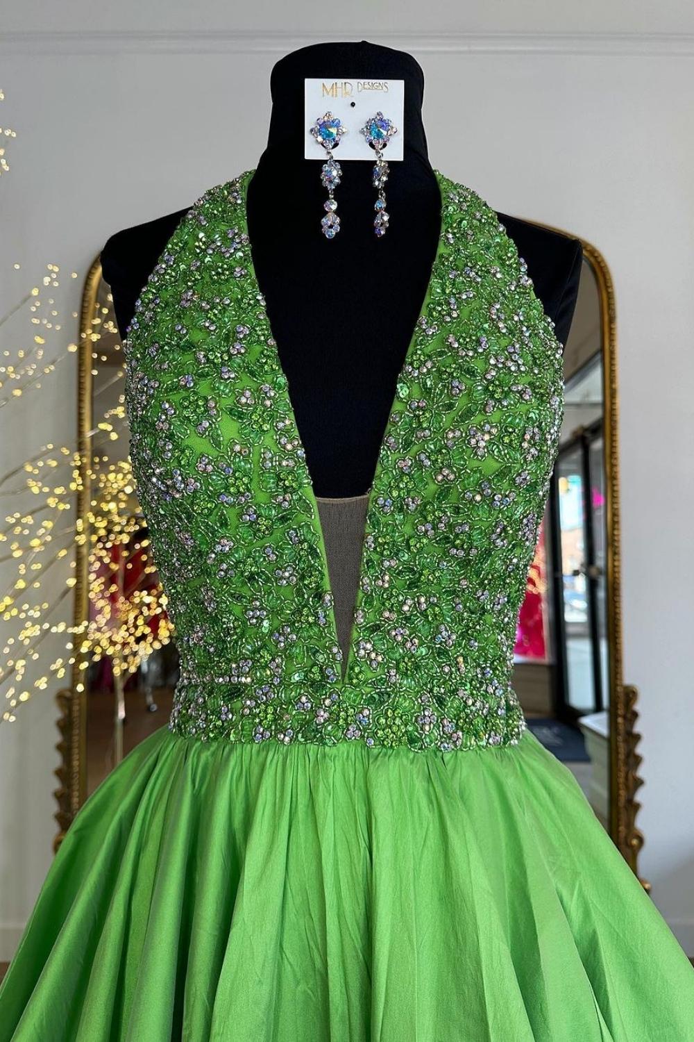 Princess A Line Halter Neck Green Long Prom Dress with Beading - View 4 | VelvetHem