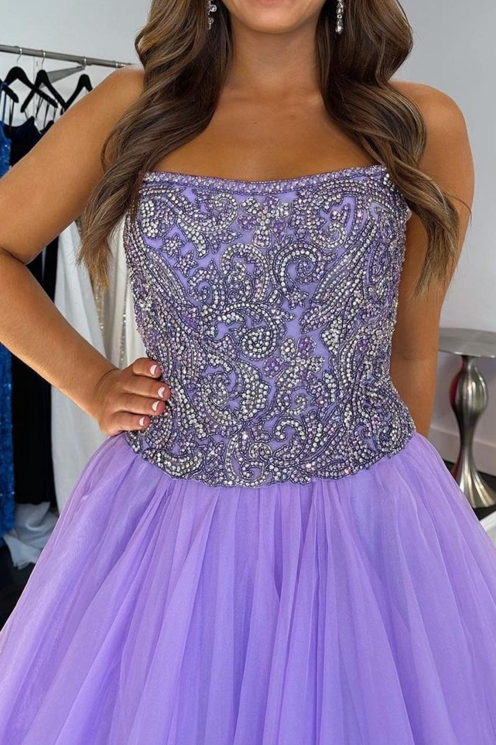 Charming A Line Strapless Purple Tulle Long Prom Dress with Beading - View 4 | VelvetHem