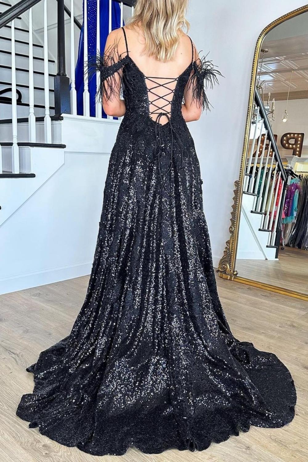 Gorgeous A Line Off the Shoulder Black Sequins with Feather - View 2 | VelvetHem