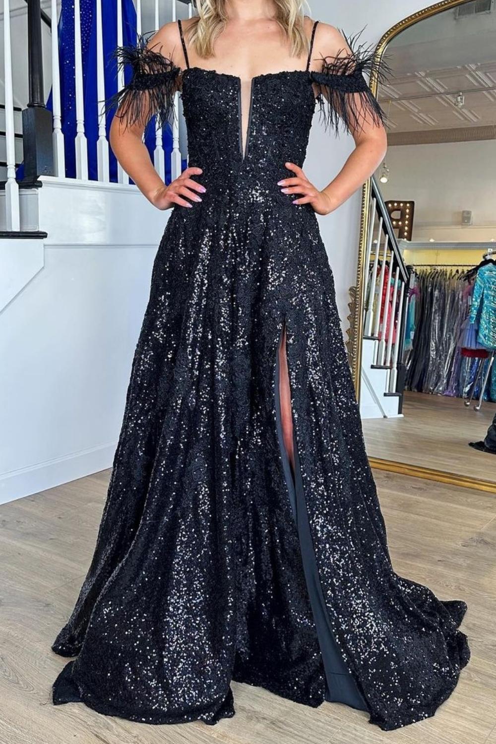 Gorgeous A Line Off the Shoulder Black Sequins with Feather - View 4 | VelvetHem