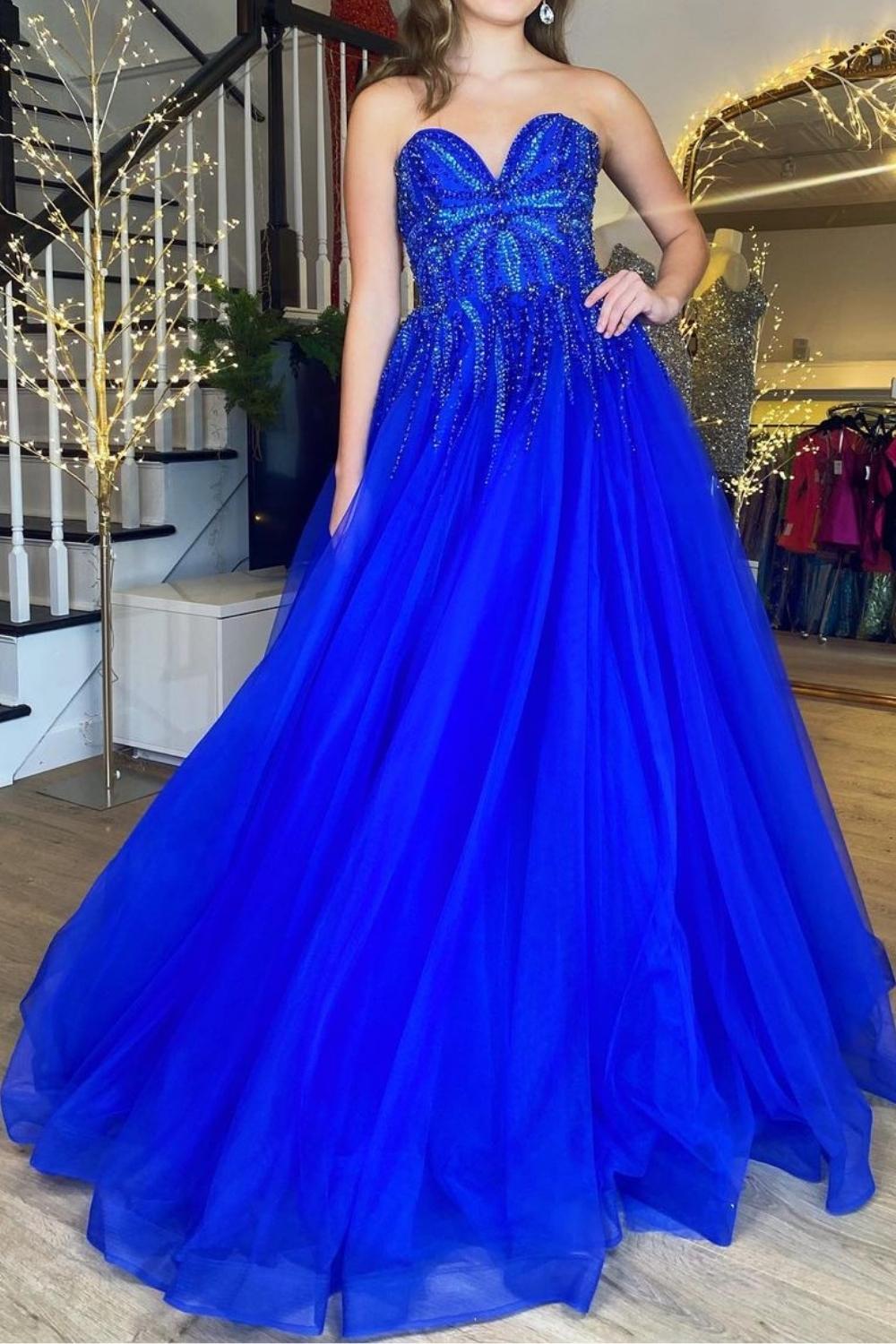 Gorgeous A Line Sweetheart Royal Blue Long Prom Dress with Appliques - VelvetHem
