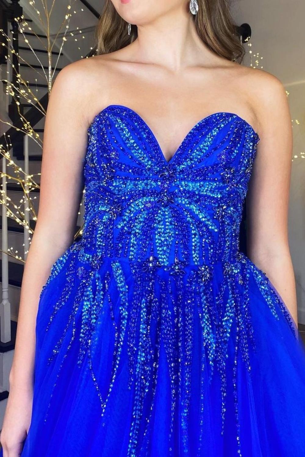 Gorgeous A Line Sweetheart Royal Blue Long Prom Dress with Appliques - View 5 | VelvetHem