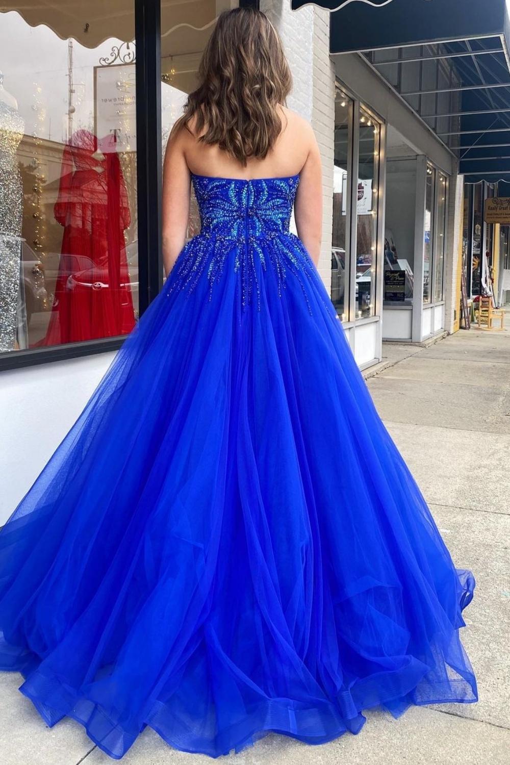 Gorgeous A Line Sweetheart Royal Blue Long Prom Dress with Appliques - View 2 | VelvetHem