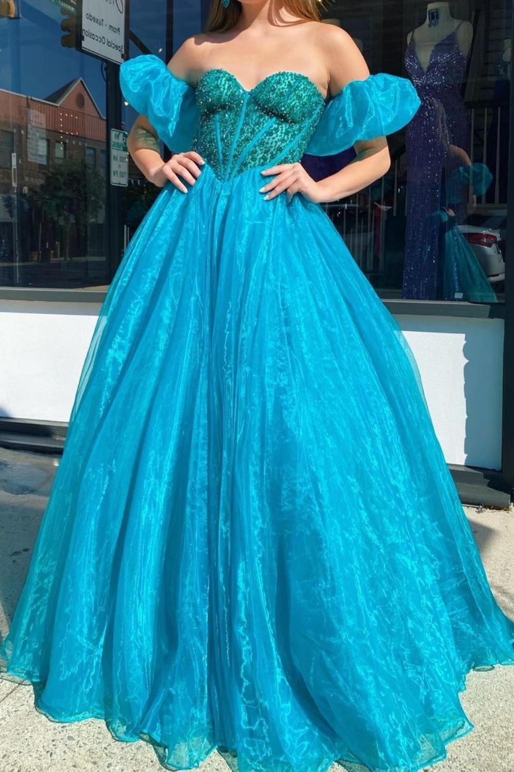 Princess A Line Sweetheart Blue Corset Prom Dress with Beading - VelvetHem
