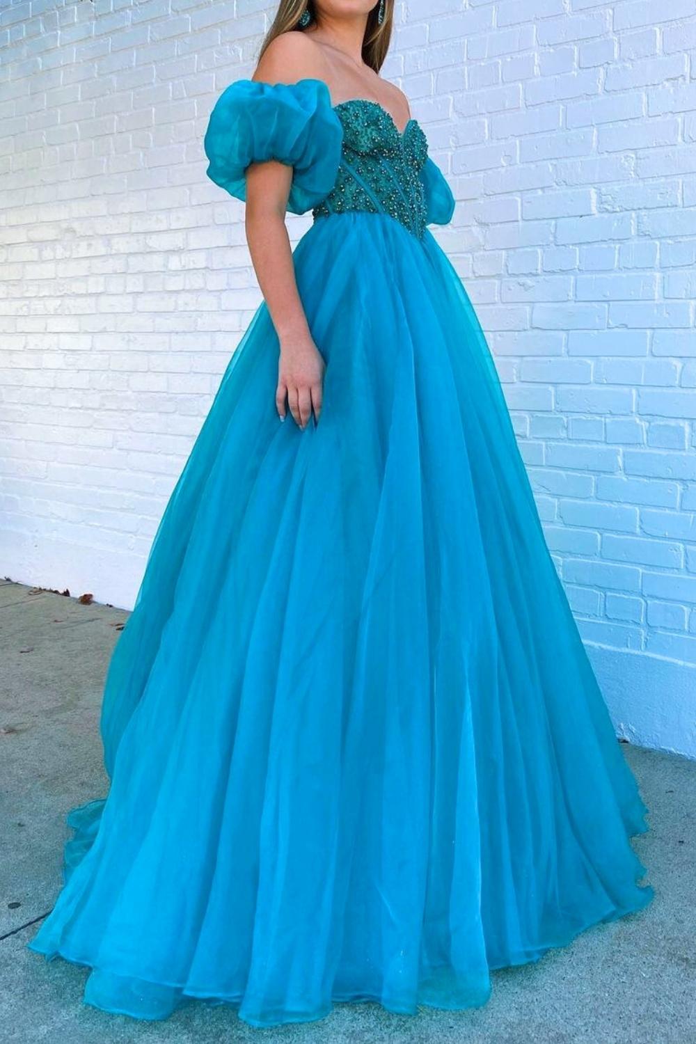 Princess A Line Sweetheart Blue Corset Prom Dress with Beading - View 4 | VelvetHem