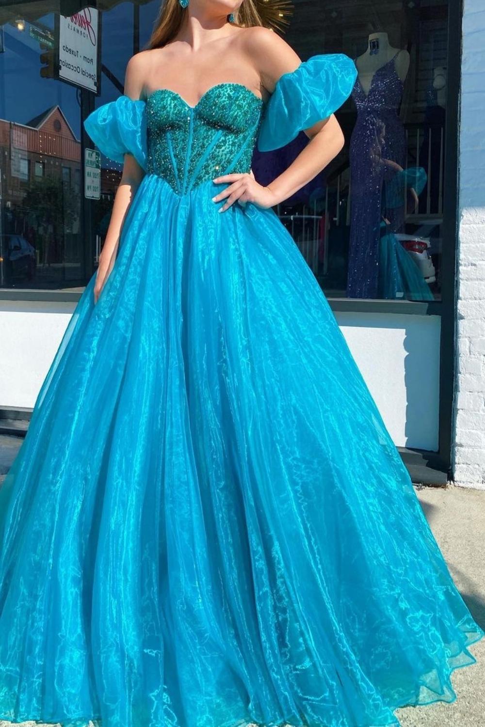 Princess A Line Sweetheart Blue Corset Prom Dress with Beading - View 5 | VelvetHem