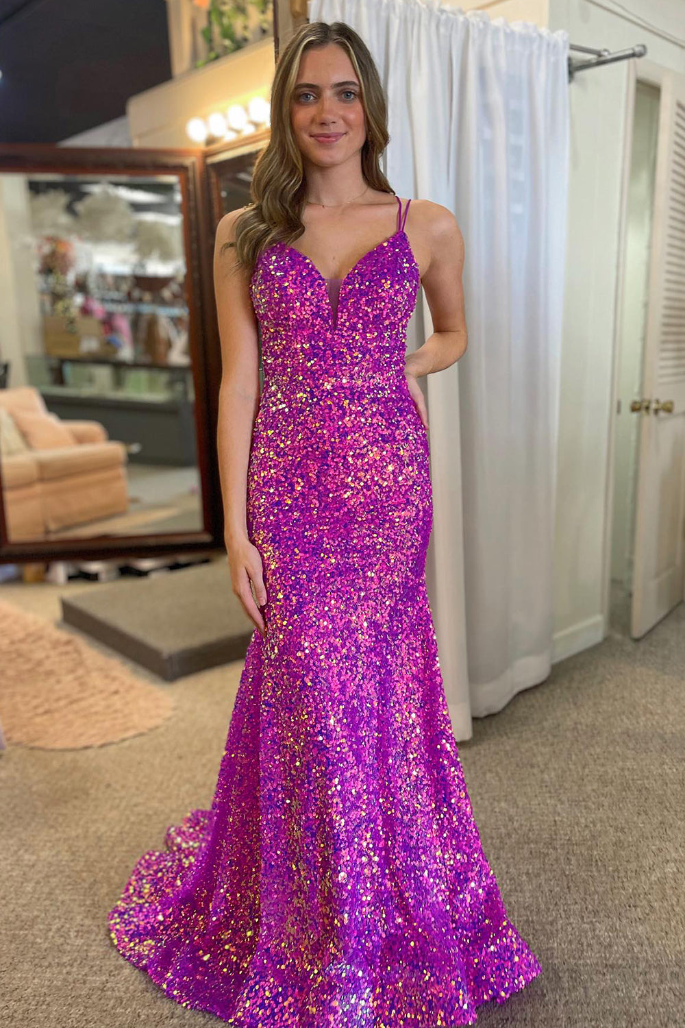 Sparkly Mermaid Purple Double Strapls Long Sequin Prom Dress - VelvetHem