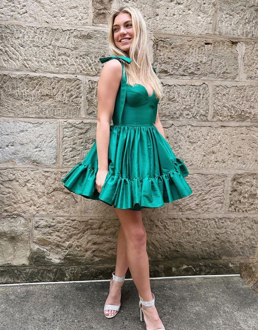 Green A-Line Tie Straps Short Satin Homecoming Dress - View 2 | VelvetHem