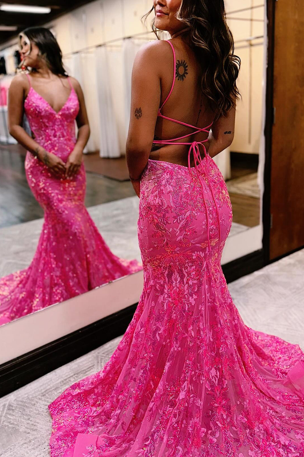 Sparkly Blue Mermaid Spaghetti Straps Sequins Long Backless Prom Dress