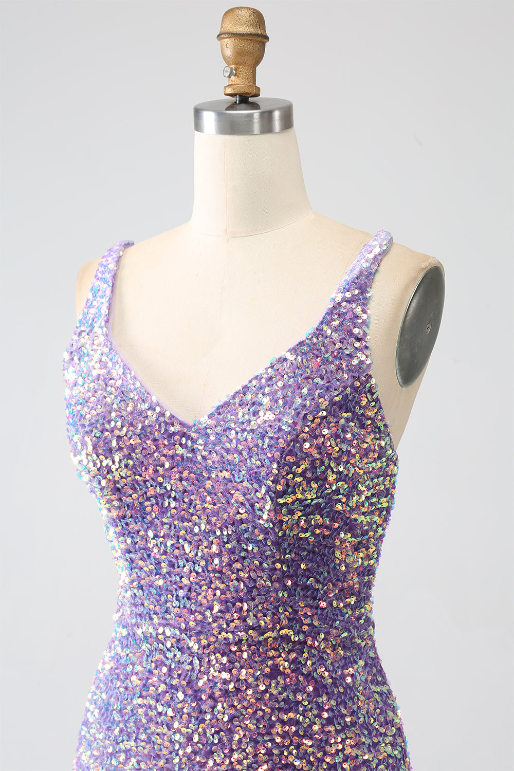 Sparkly Light Purple Lace-Up Back Long Sequin Prom Dress with Fringe