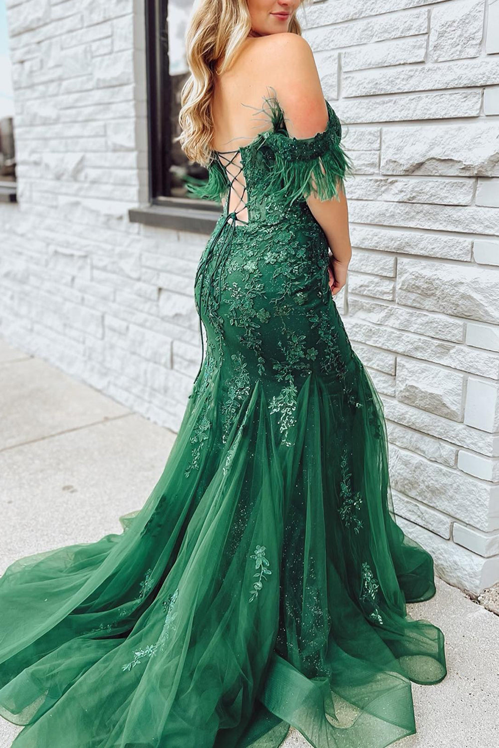 Dark Green Mermaid Off The Shoulder Long Prom Dress with Appliques - View 2 | VelvetHem