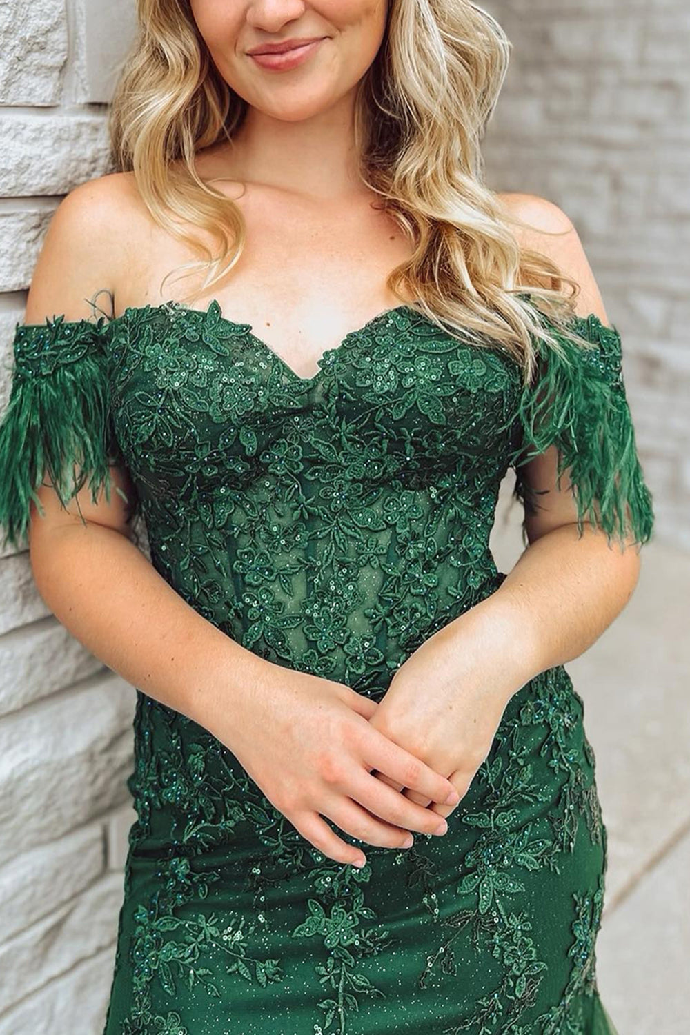 Dark Green Mermaid Off The Shoulder Long Prom Dress with Appliques - View 3 | VelvetHem