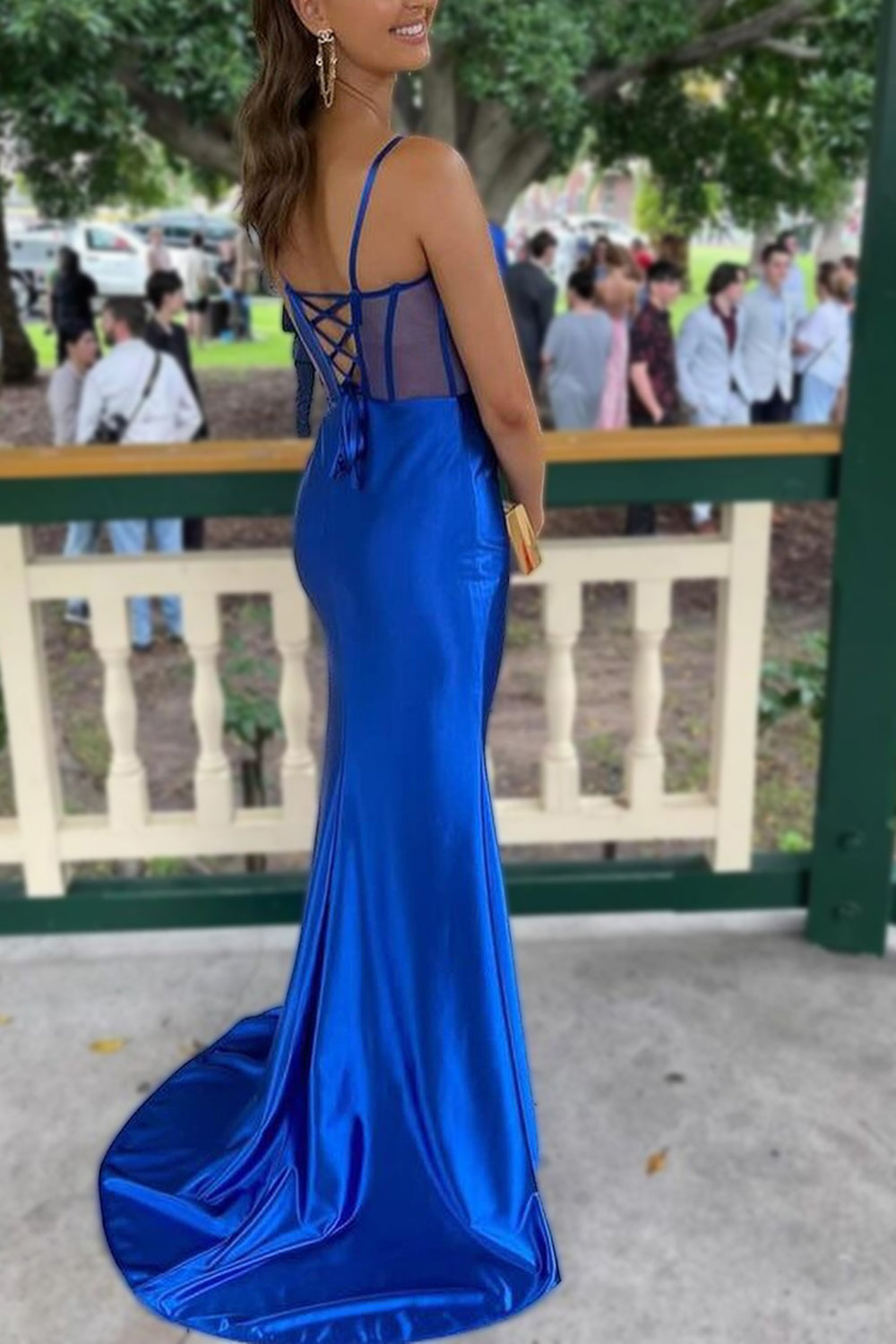 Royal Blue Mermaid Spaghetti Straps Long Satin Prom Dress With Split - View 2 | VelvetHem
