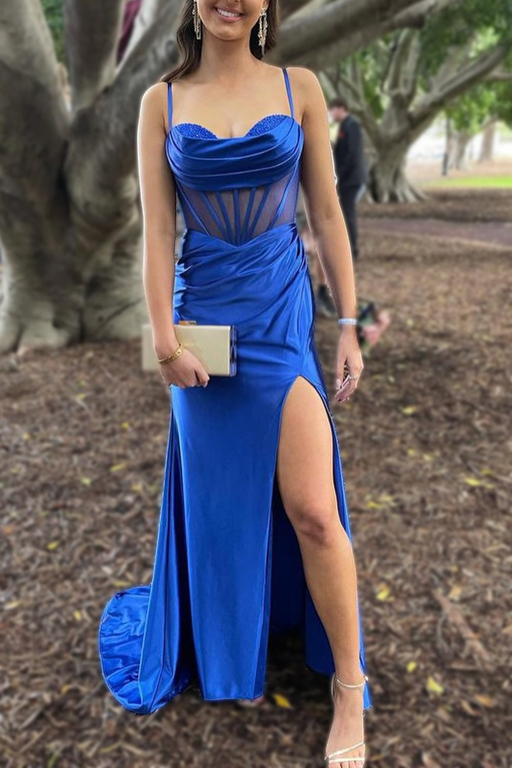 Royal Blue Mermaid Spaghetti Straps Long Satin Prom Dress With Split - VelvetHem
