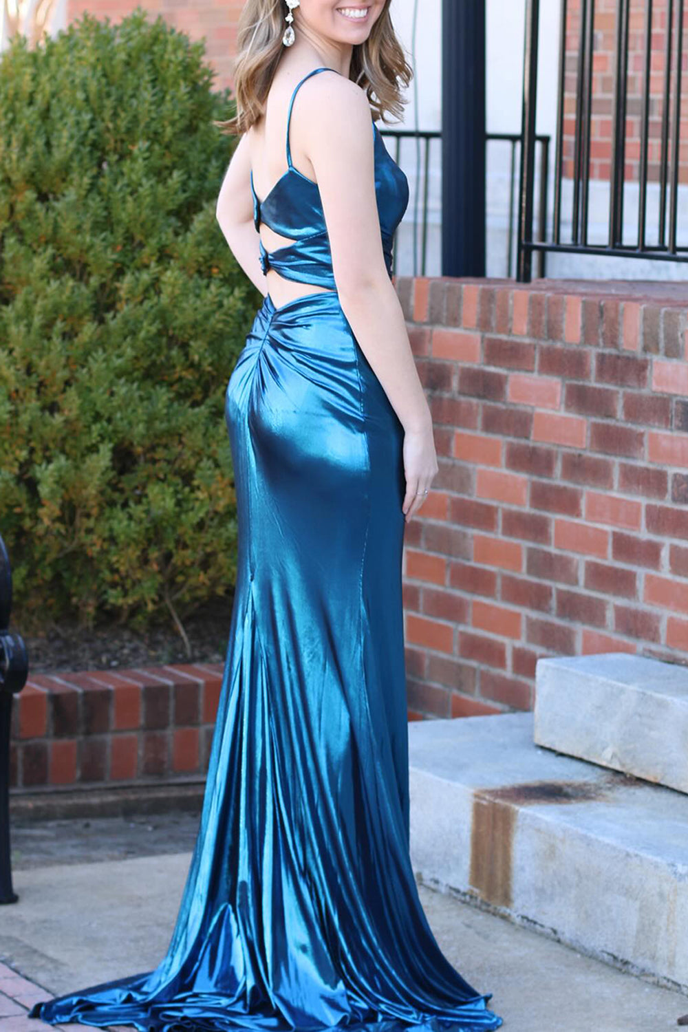 Dark Blue Mermaid Keyhole Back Long Satin Prom Dress With Slit - View 2 | VelvetHem