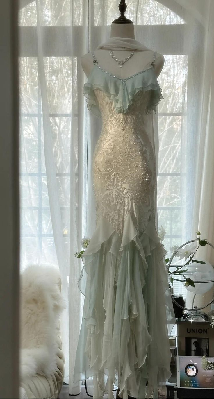 Classy Mint Green Temperament Mermaid Spaghetti Strap Chiffon Beaded Evening Dress Formal Prom Dress Y8546 - VelvetHem