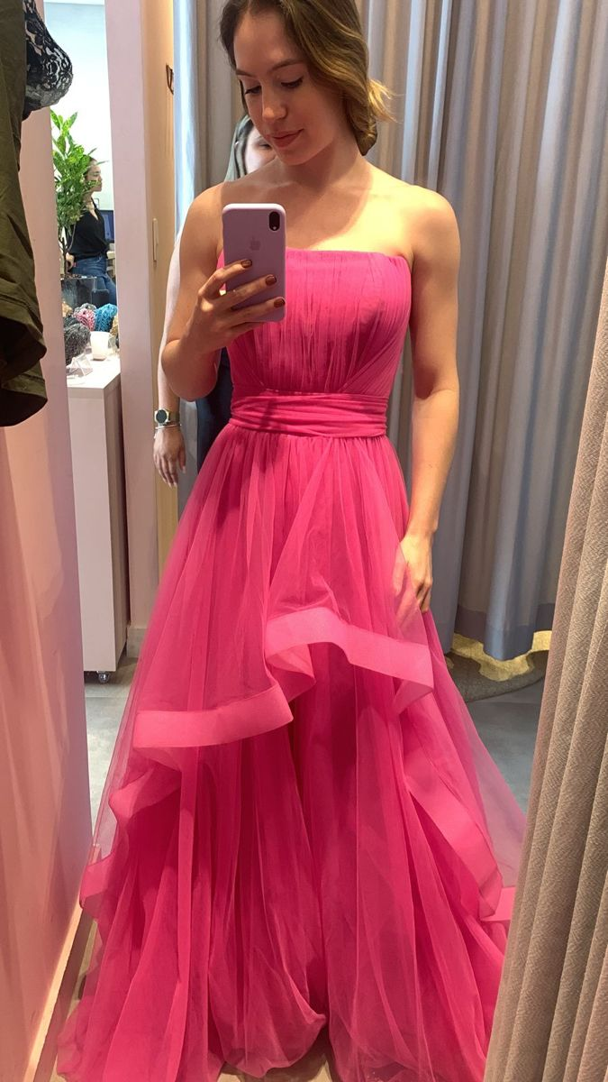 Elegant Hot Pink Strapless A-line Evening Dress,Princess Dress - VelvetHem