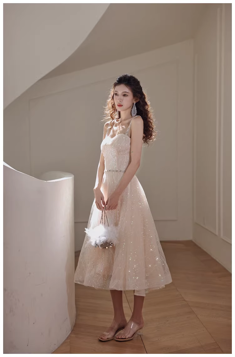 Elegant Light Champagne Tulle Sequin Beaded A Line Mid Length Birthday Prom Dress Evening Gown - View 3 | VelvetHem