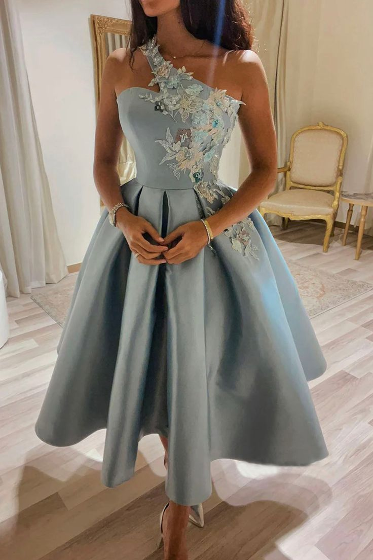 Cute One Shoulder Satin Lace Short Prom Dress, A-Line Party Dress - VelvetHem