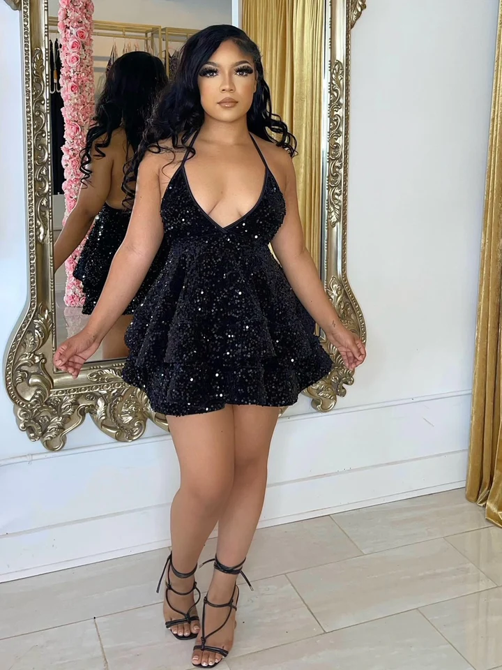 Sequin Party Dress V Neck Ruffle Mini Dress Custom Back to School Dress - View 7 | VelvetHem