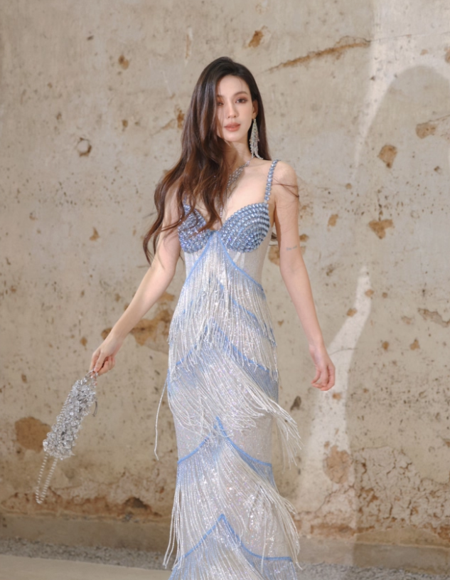 Glitter Spaghetti Straps Sequin Beaded Mermaid Long Evening Dress Birthday Prom Dress With Tassel - View 8 | VelvetHem