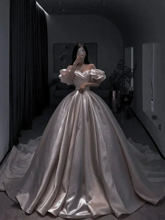 Off The Shoulder Satin Wedding Dress Stunning Wedding Dress (ZD13588) - VelvetHem