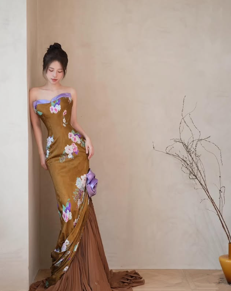 Vintage Satin Print Mermaid Evening Dress Strapless Long Prom Dress Y8545 - VelvetHem