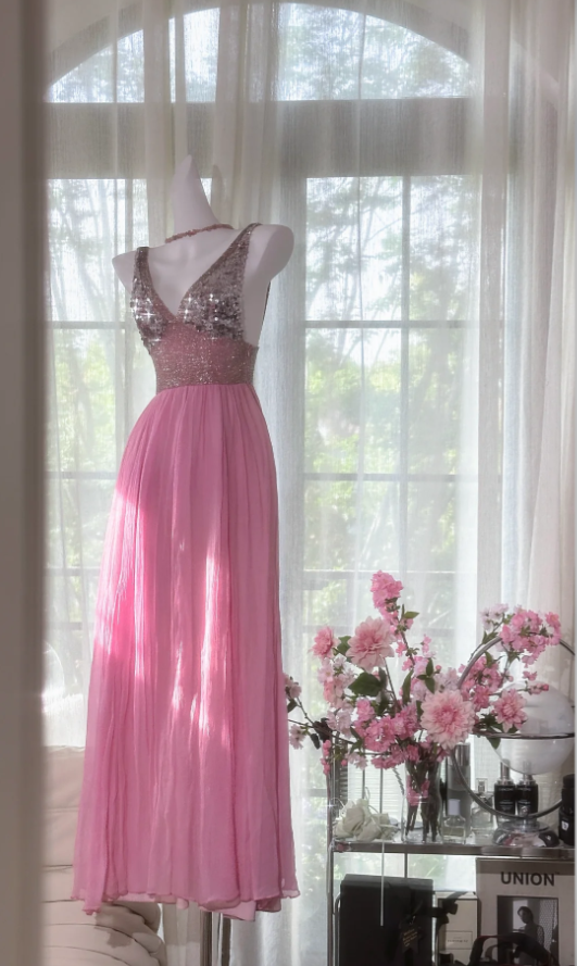 Pretty Pink V Neck Sequin Chiffon A Line Long Wedding Guest Dress Formal Party Dress Prom Dresses