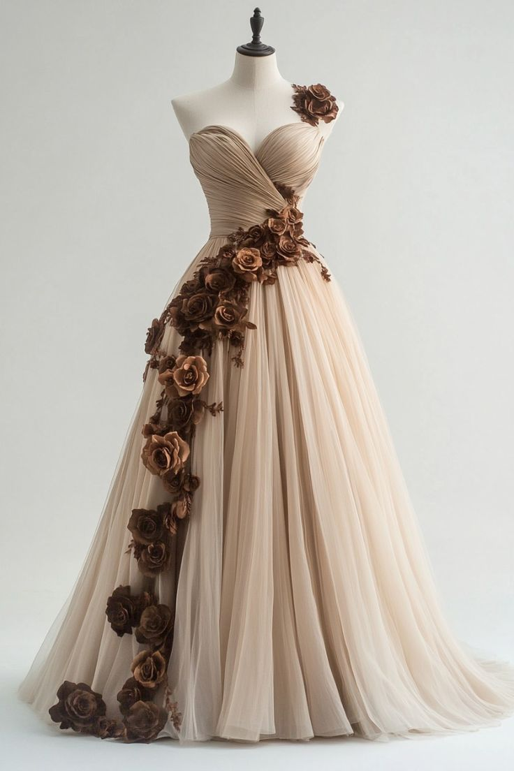 Unique One Shoulder Tulle 3D Flowers Birthday Ball Gown Vintage Quinceanera Dress - VelvetHem
