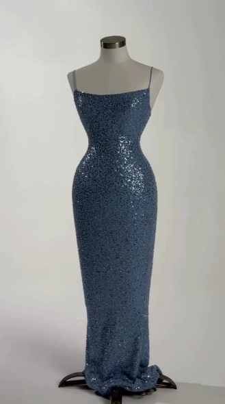 Gorgeous Blue Sequins Beaded Sheath Long Prom Dress Formal Evening Dress Y8512 - VelvetHem