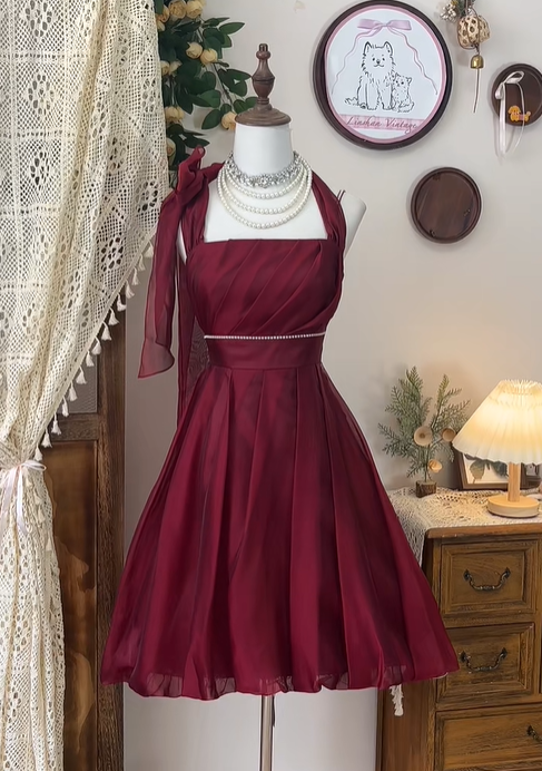 Vintage Burgundy Halter Beaded A Line Short Homecoming Dress Cocktail Dress - View 3 | VelvetHem